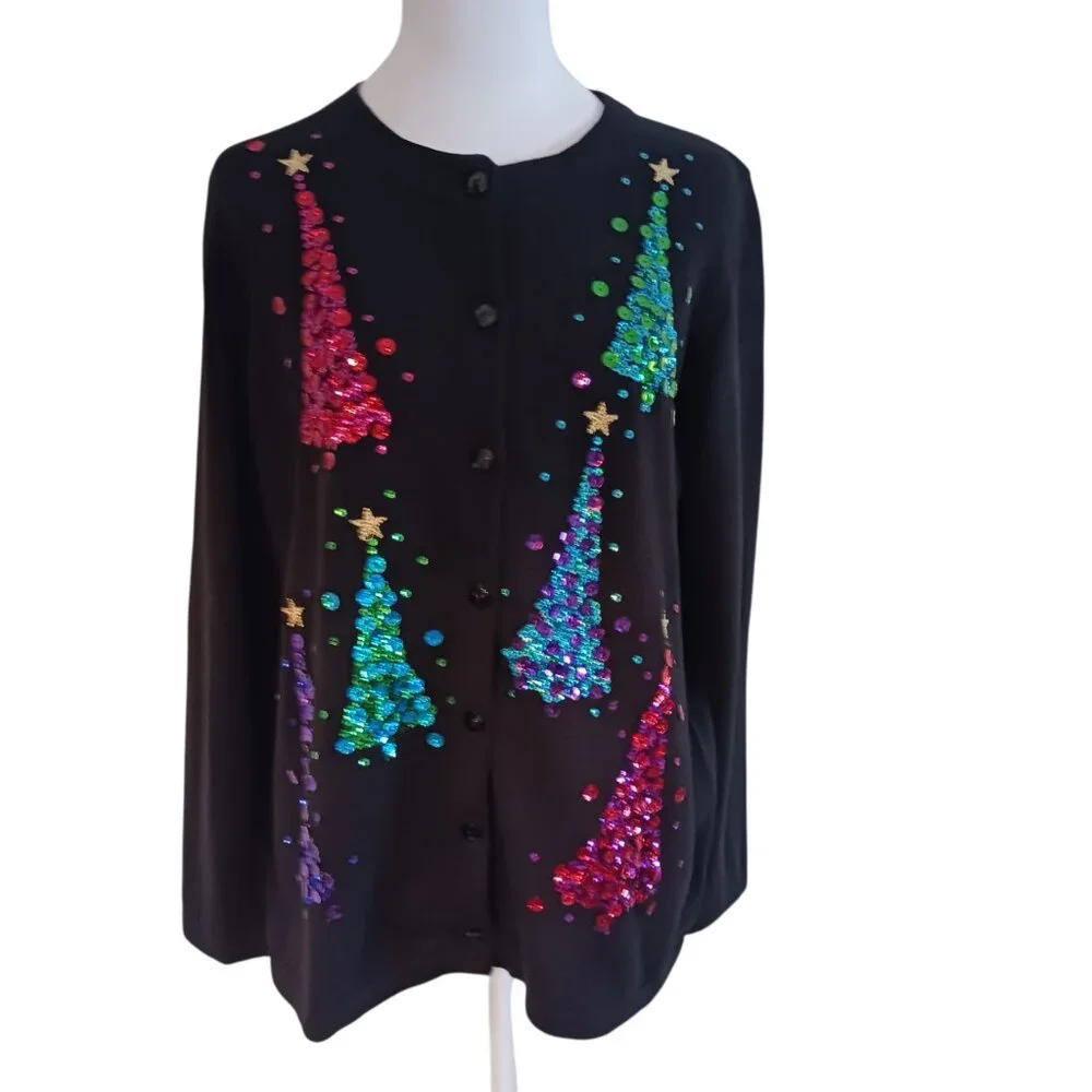 Quaker Factory NWOT Black Christmas Cardigan W/ Multi Color Sequins, Size Med.